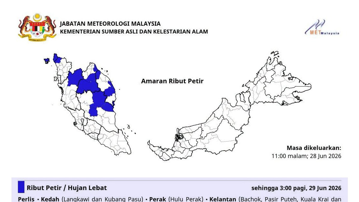 MetMalaysia Issues Thunderstorm and Heavy Rain Warning Across Six States Until Early Morning