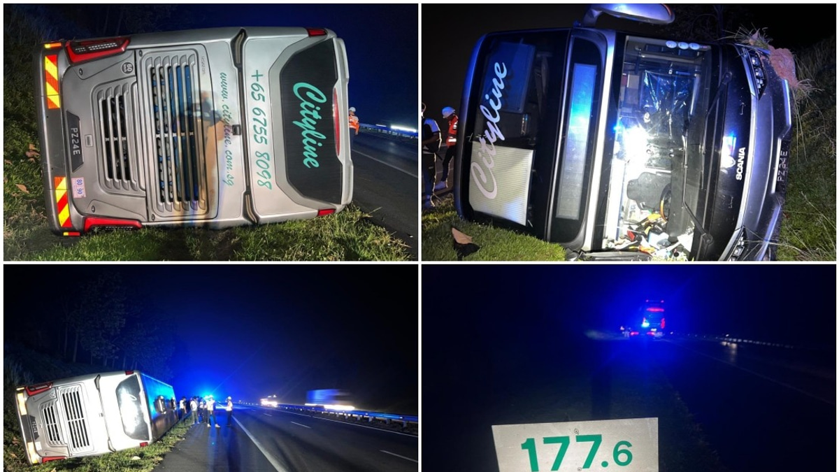 Three Injured When Tour Bus Overturns on North-South Expressway in Jasin