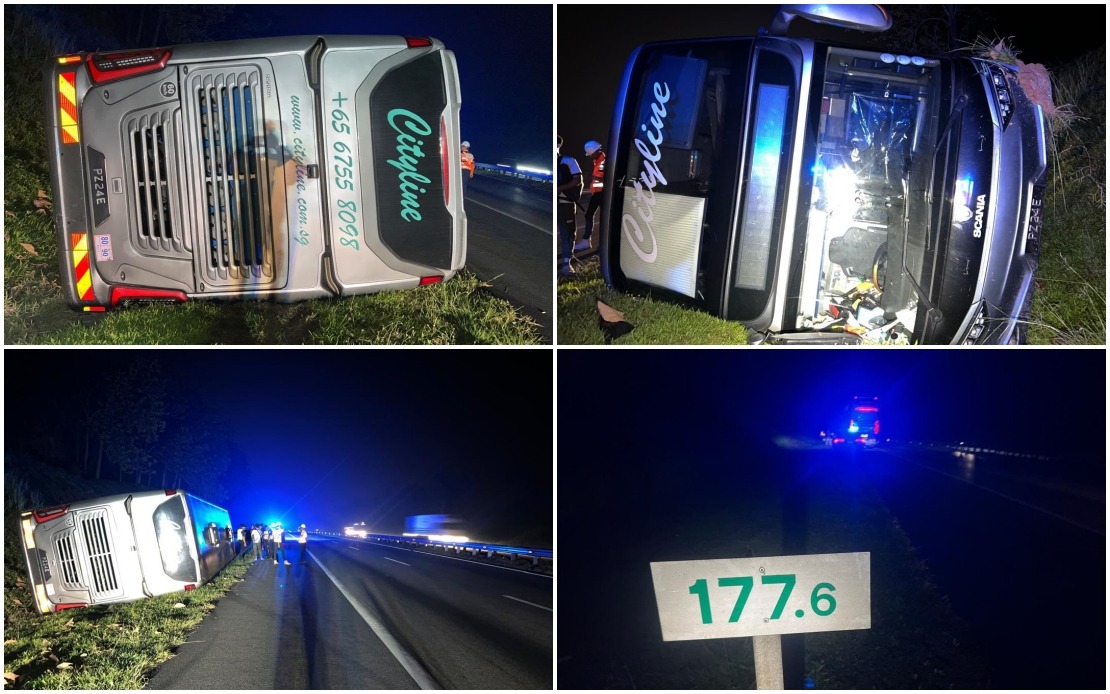 Three Injured When Tour Bus Overturns on North-South Expressway in Jasin