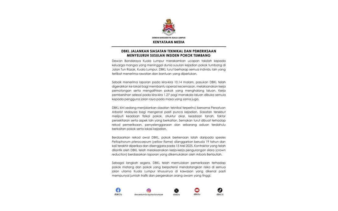 DBKL and Arborists Launch Comprehensive Investigation Into Fatal Tree Collapse on Jalan Tun Razak